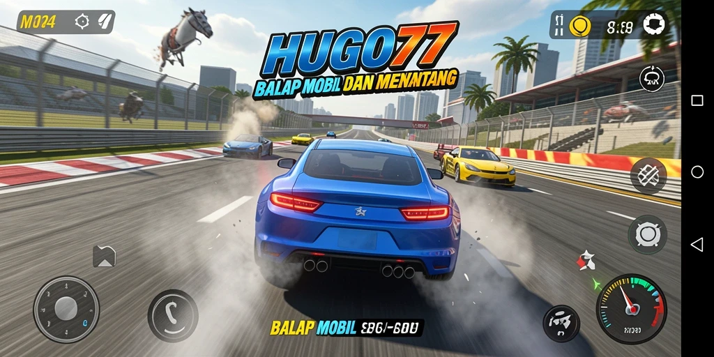 Tangkapan layar gameplay HUGO77 menunjukkan aksi balap yang mendebarkan.