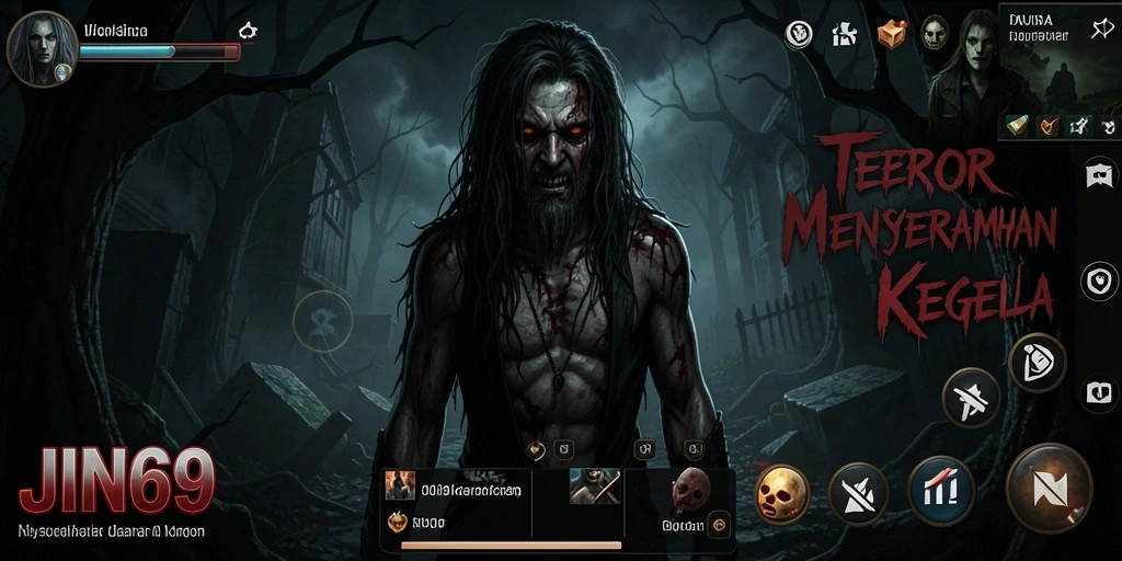 Screenshot gameplay <strong>JIN69</strong> menunjukkan suasana menakutkan saat berhadapan dengan makhluk horor.