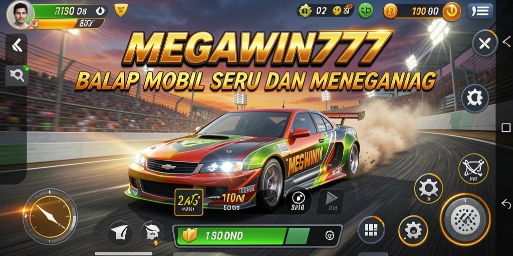 Screenshot gameplay utama MEGAWIN777 menampilkan aksi balap yang seru dan mendebarkan.